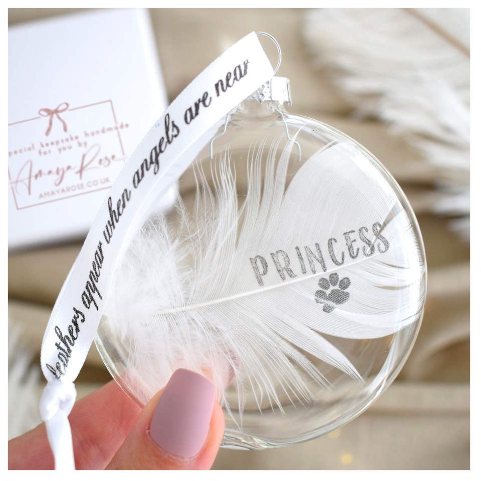 image 1 of Personalised White Feather Bauble. Memorial Angel Decoration