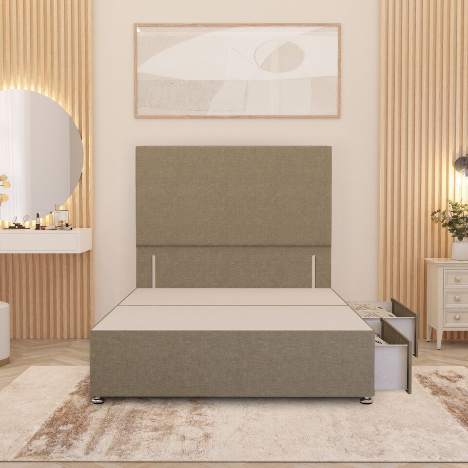 image 1 of Divan Bed Base with 2 Drawers & Plain Floor Standing Headboard Linen Fabric | Yellow | Beige