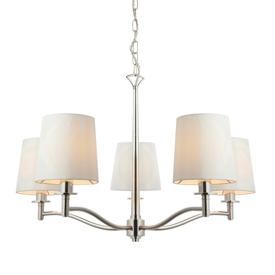 image 1 of Ortona Vintage Pendant 5 Light Bright Nickel White Fabric Shades