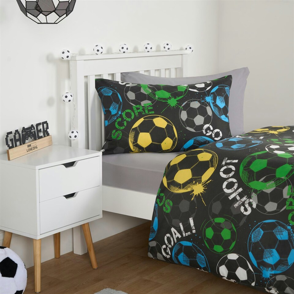 image 1 of OHS Kids Graphic Football Reversible Duvet Cover and Pillowcase Bedding Set, Double - Black