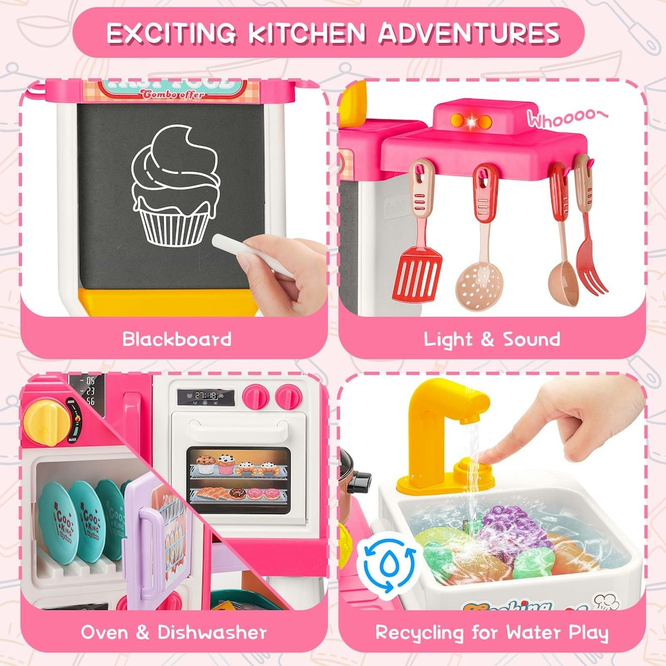 image 1 of Large Kitchen Playset for Kids (Pink) - Pretend Cooking Toy Gift for Boys & Girls
