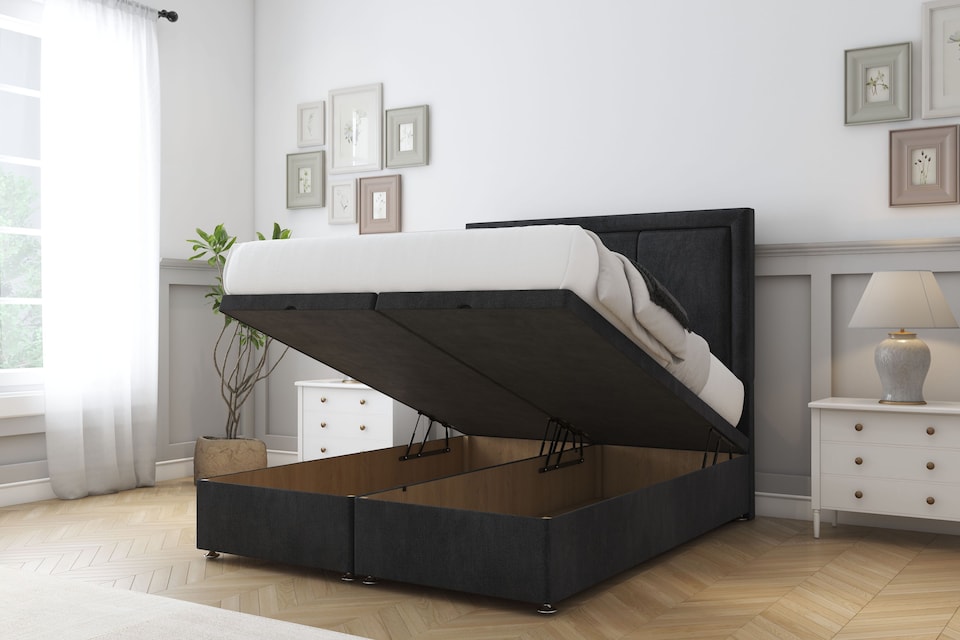 image 1 of Sloomy Lancaster Black Naples Ottoman Bed With Mattress With 54" Floor Standing Headboard 4'6 Double