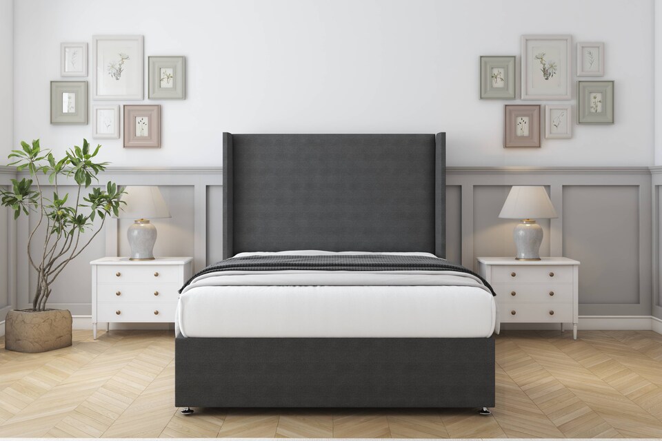 image 1 of Sloomy Devonshire Graphite Dumfries Divan Bed With Mattress No Drawers With 54" Wingback Headboard 6' Super King | Grey | Graphite | Super King | 1