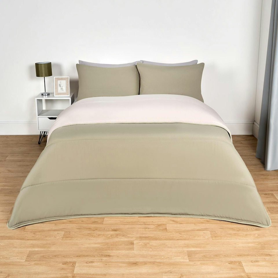 image 1 of OHS Coverless Reversible 10.5 Tog Duvet And Pillowcase Bedding Set, King - Sage/Natural Multi | Sage Green and Natural | King