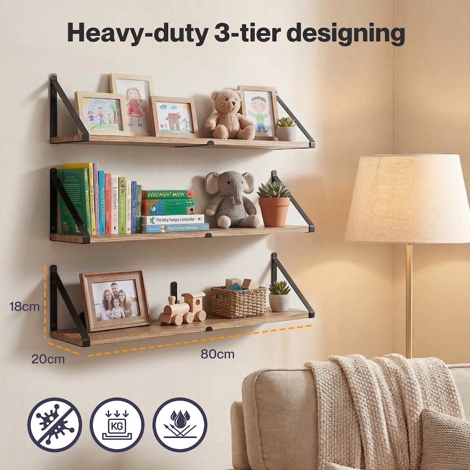 image 1 of Levede Floating Shelves Wall Mounted Book Shelves for Wall Set of 3 Natural