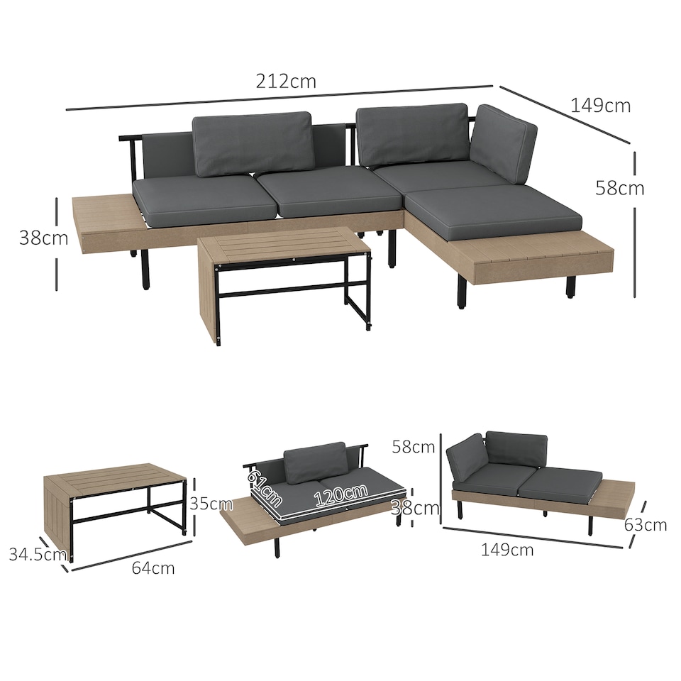 image 1 of Outsunny HDPE Garden Furniture Sets with Cushions, Table, L-Shaped Sofa, Grey | Grey