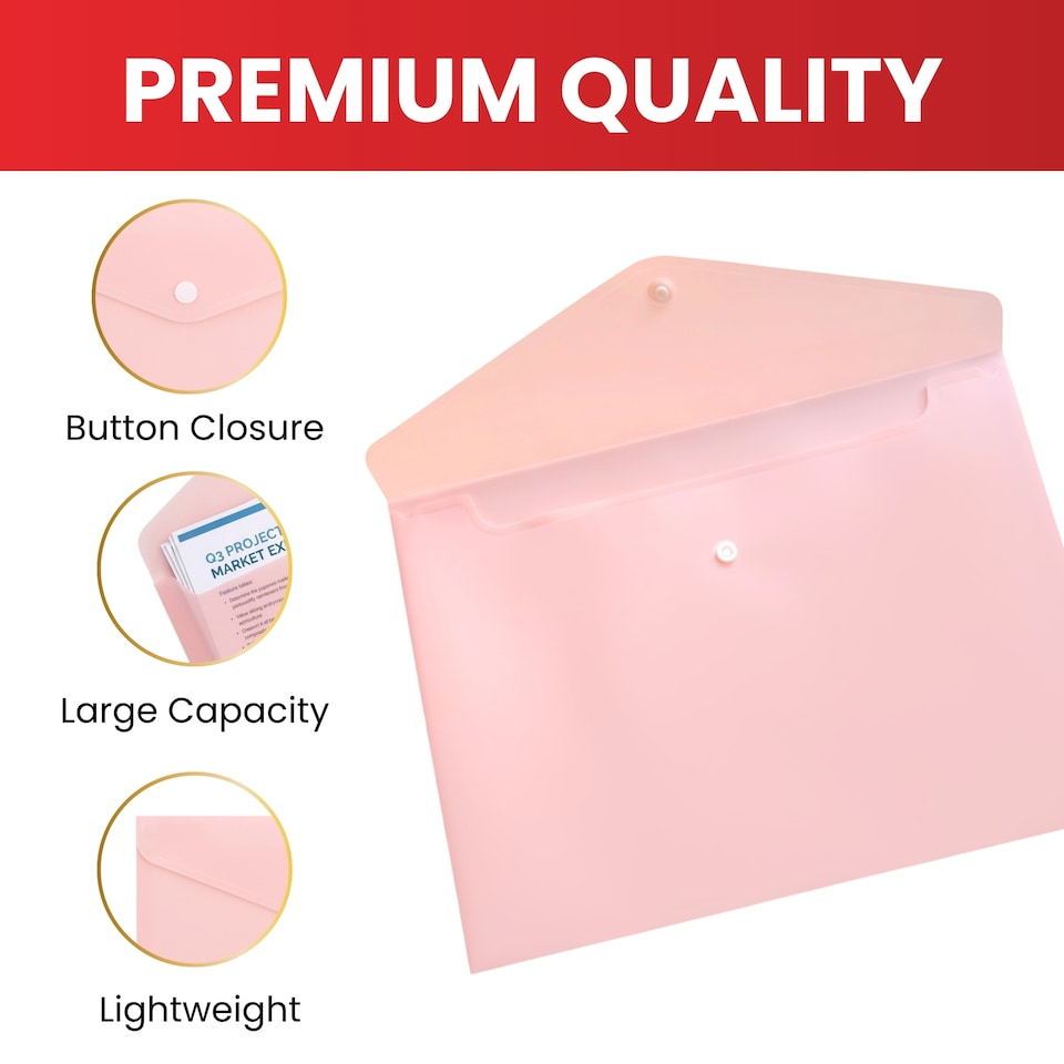 image 1 of Pack of 12 A4 Light Pastel Pink Soft Touch Plastic Document Wallets with Button Closure