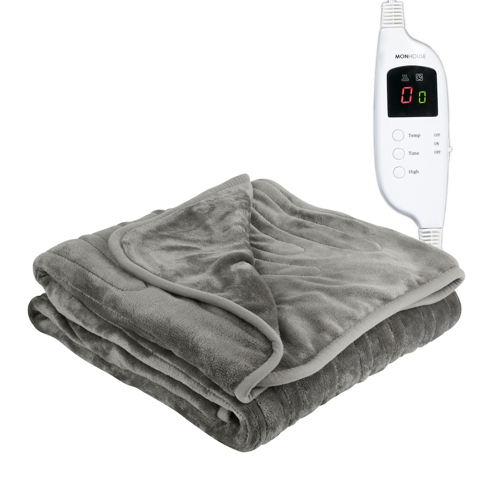 image 1 of MONHOUSE Heated Throw - Electric Blanket - Digital Controller - Timer up to 9 hours, 9 Heat Settings, Auto Shutoff - Machine Washable - Single 130X160cm - GREY