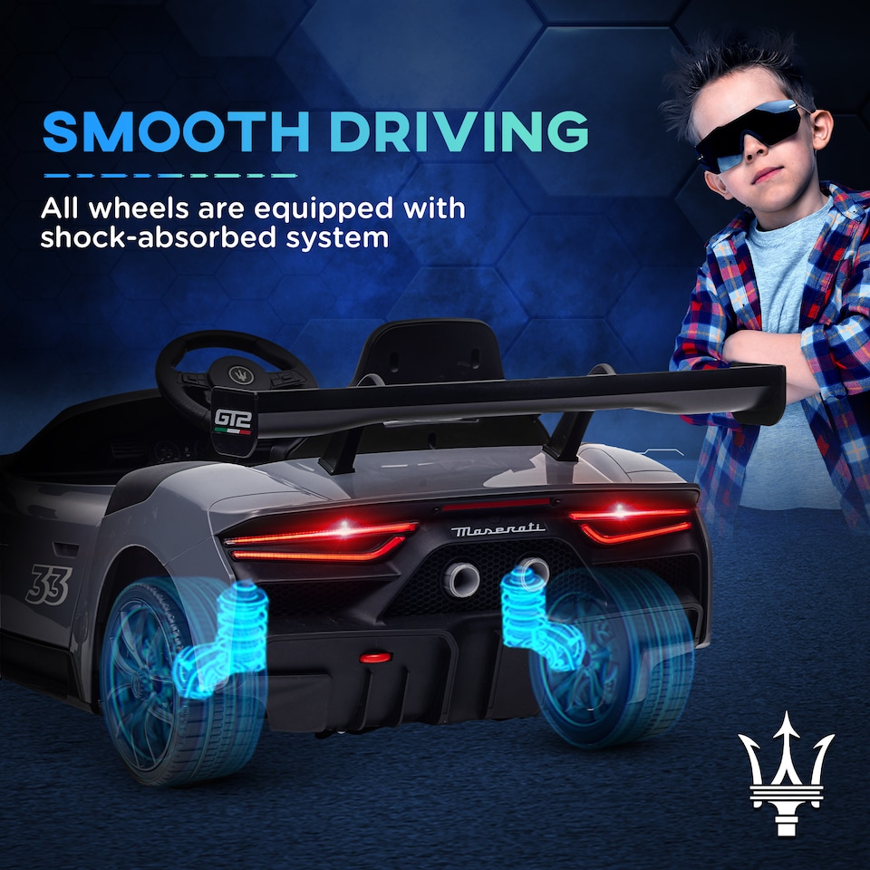 image 1 of AIYAPLAY Maserati GT2 Licensed 12V Electric Car for Kids, Kids' Electric Ride on with Suspension System, Remote Control, USB, Music, Horn, Lights, Auxiliary Wheels, for Ages 3-5 Years, Grey