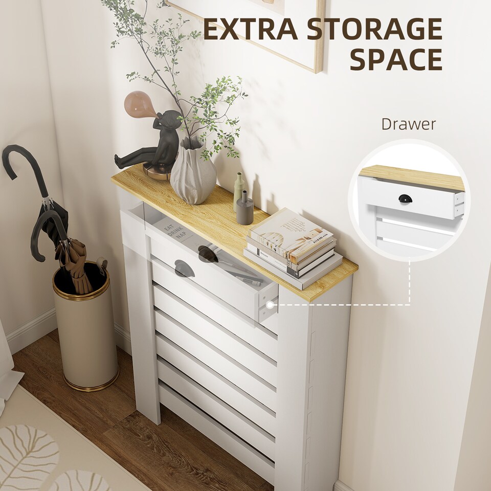 image 1 of HOMCOM Radiator Cover with Drawer, Horizontal Slat, 78cm, White | White | White with wood-effect top | 1