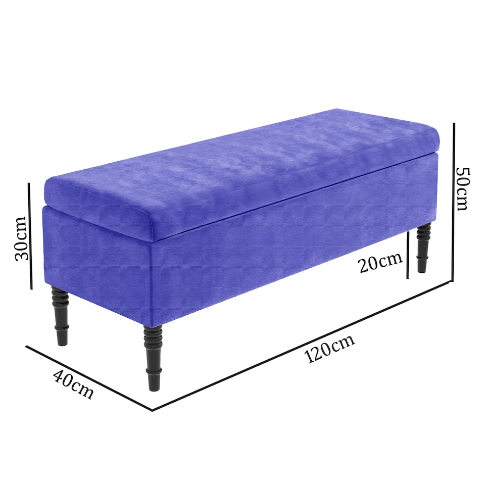 image 1 of 120cm Paris Plain Ottoman Storage Bench -Naples Shoes Bench with Black Turned Wooden Legs - Blue Upholstery Storage Footstool