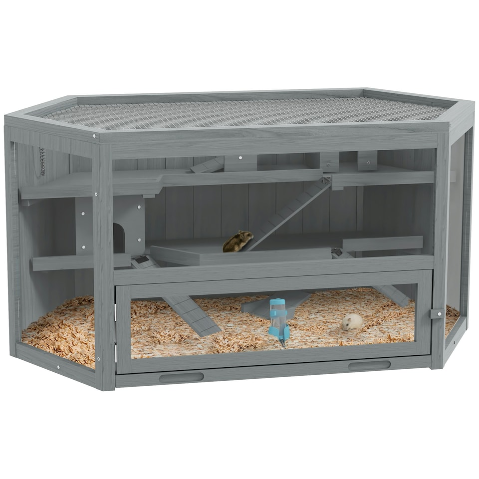 image 1 of PawHut 3 Tier Wooden Hamster Cage Gerbil Play Centre w/ Sliding Tray Ramps