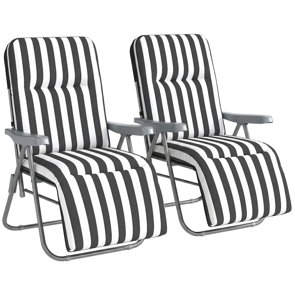 image 1 of Outsunny Set of 2 Adjustable Sun Lounger Recliner Reclining Seat Grey Stripe | Grey | Grey and White Stripe | L