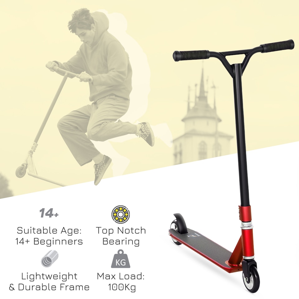image 1 of HOMCOM Stunt Scooter Entry Level Tricks Scooter for 14+ Beginners, Red