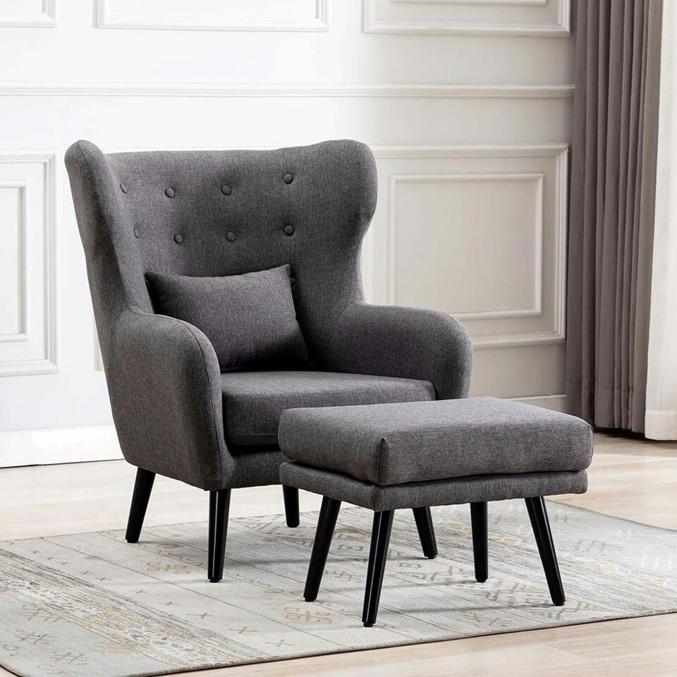 image 1 of Winslow Wing Back Fabric Occasional Button Back Armchair w Footstool (Grey)