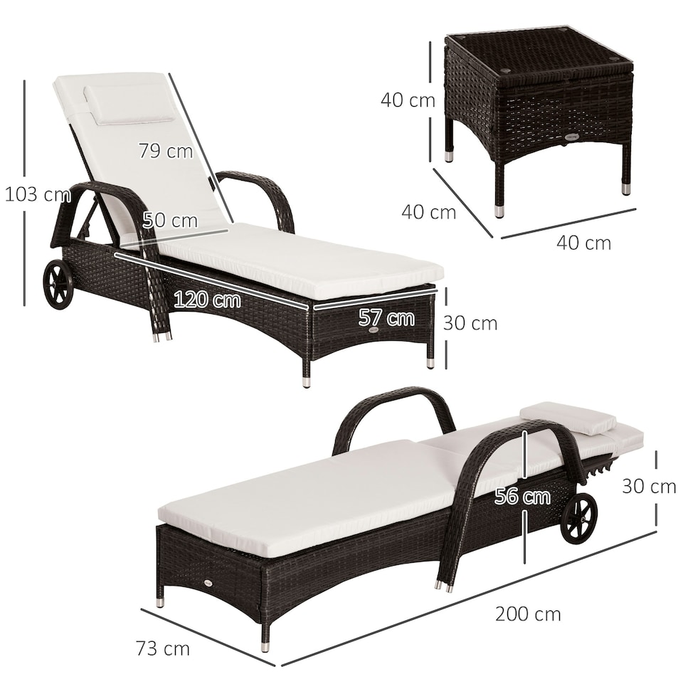 image 1 of Outsunny 3 PCS Rattan Lounger Recliner Bed Garden Furniture Set w/ Side Table