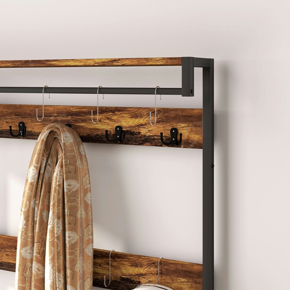 image 1 of HOMCOM Coat Rack with Drawer, Hall Tree with Coat Stand, Rustic Brown