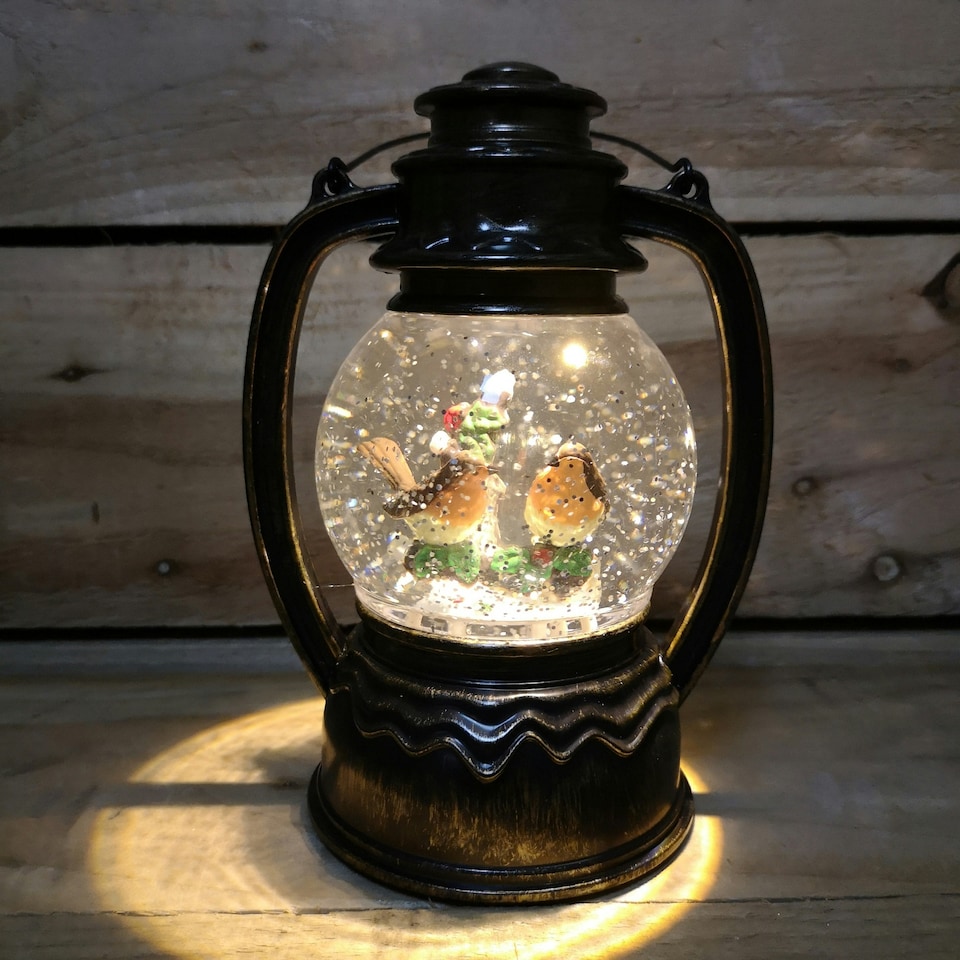 image 1 of 27cm Snowtime Christmas Water Spinner Antique Effect Lantern 2 Robins Scene Dual Powered