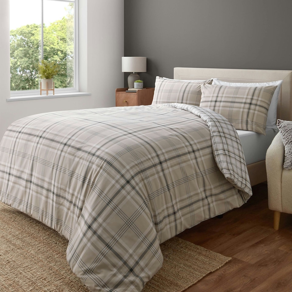image 1 of Catherine Lansfield Kelso Check Reversible Duvet Cover Set Natural Cream | Natural | Single