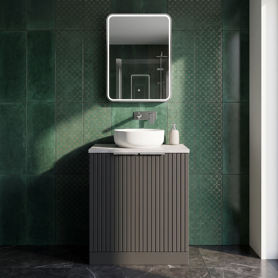 image 1 of Balterley Callingwood Contemporary Floor Standing 2 Door Vanity Unit with Bellato Grey Laminate Worktop , 600mm, Dark Grey