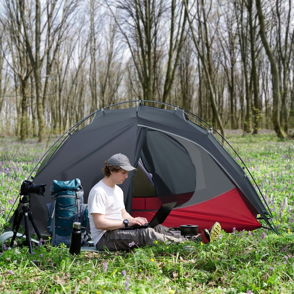 image 1 of Outsunny Pop up Camping Tent for 2 Man, 2000mm Waterproof with Carry Bag, Grey | Orange | Grey and Orange
