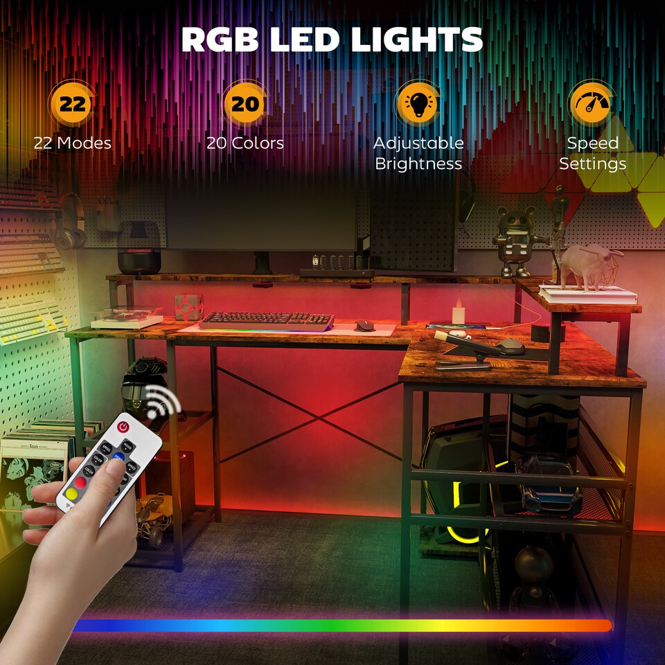 image 1 of HOMCOM L Shaped Gaming Desk with LED Lights and Power Outlets, 150cm Corner Computer Desk with Monitor Stand and Storage Shelves, Home Office Desk for Small Space, Rustic Brown