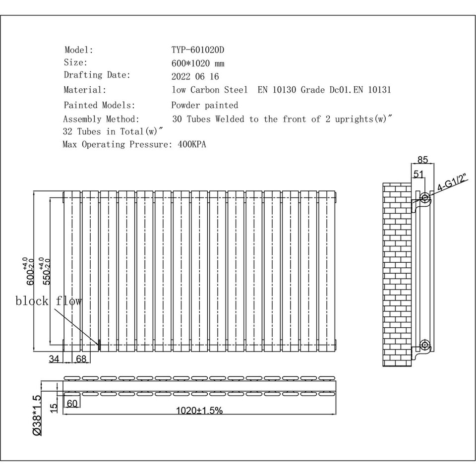 image 1 of Typhoon - Anthracite Horizontal Radiator H600mm x W1020mm Double Panel