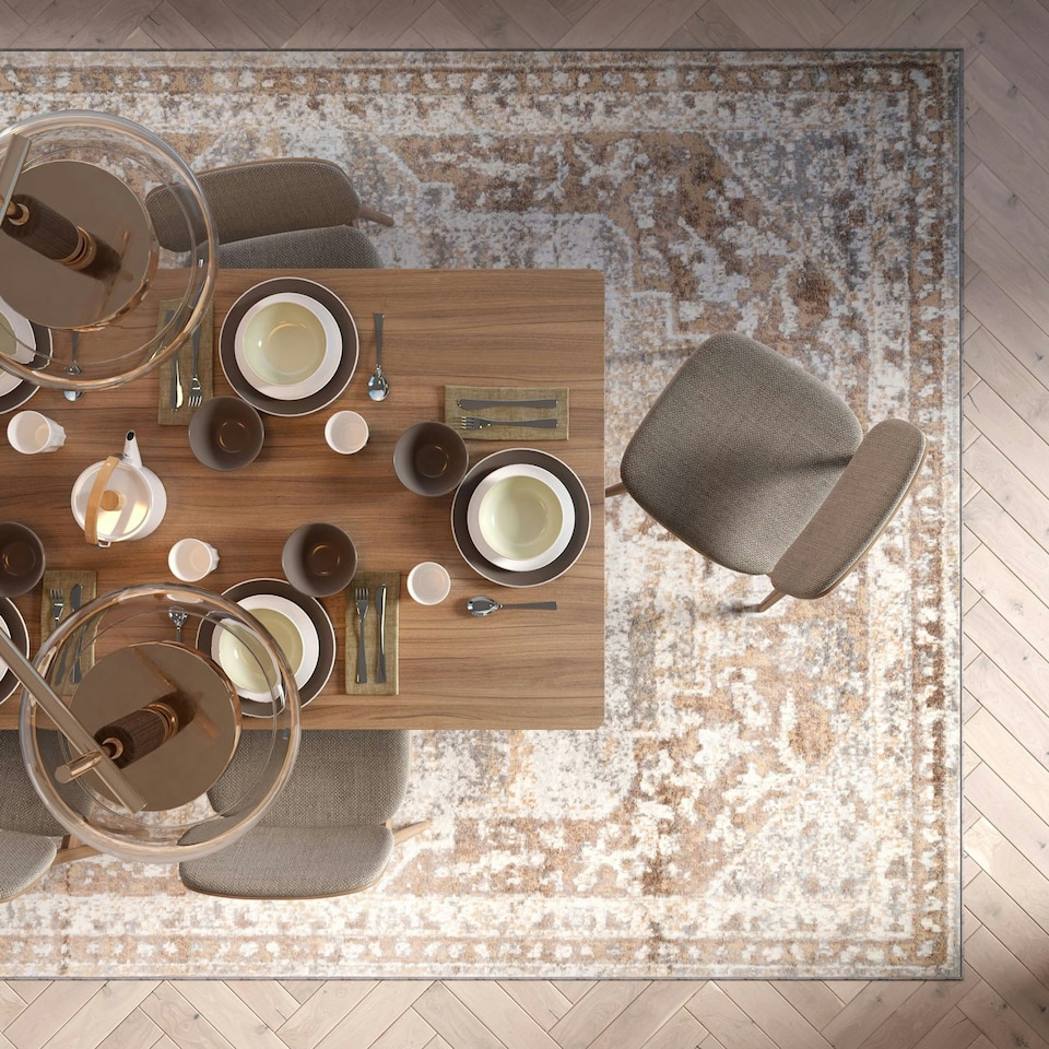 image 1 of KUKOON Beige Traditional Medallion Bordered Living Area Rug 120cm x 170cm