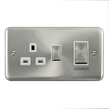 SE HOME Curved Satin Chrome Cooker Control Ingot 45A With 13A Switched Plug Socket White | Satin Chrome