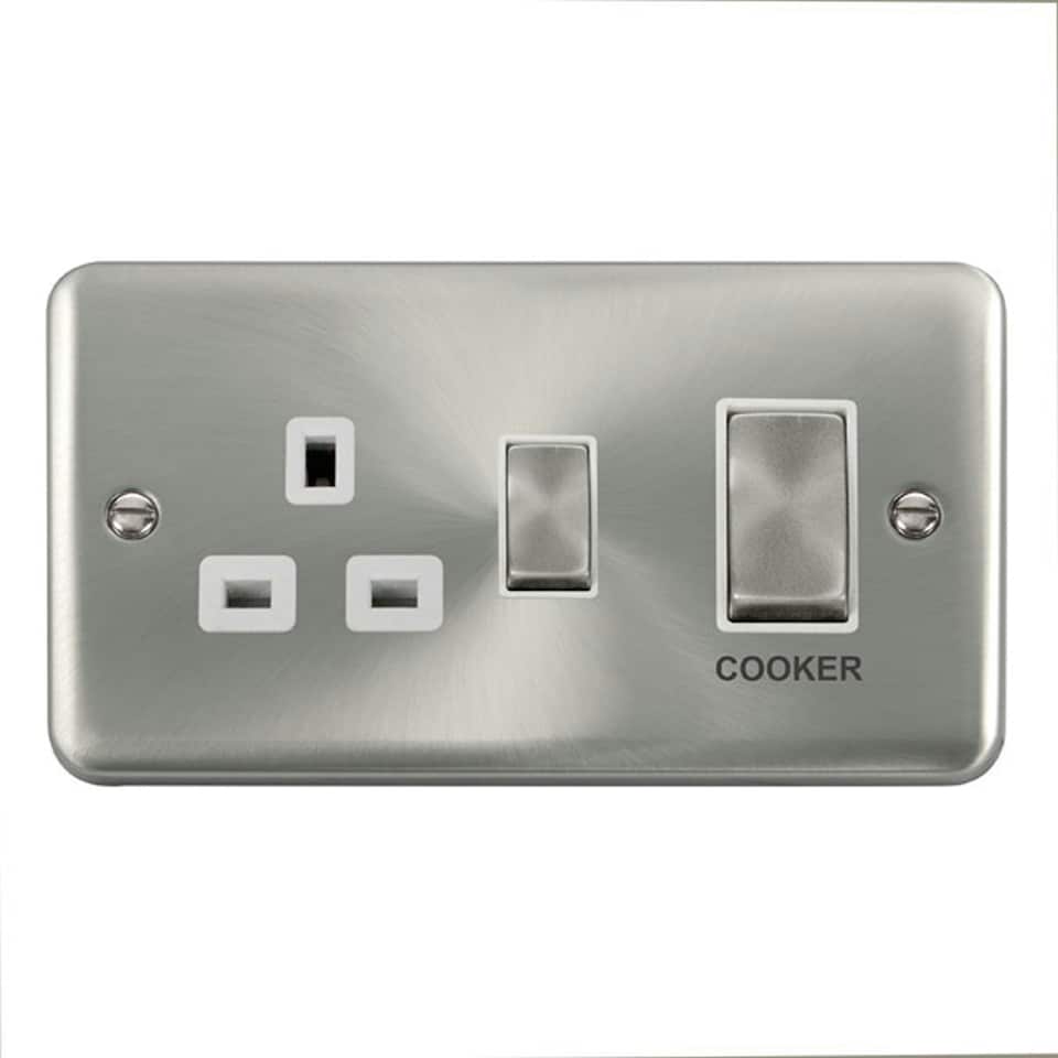 SE HOME Curved Satin Chrome Cooker Control Ingot 45A With 13A Switched Plug Socket White | Satin Chrome