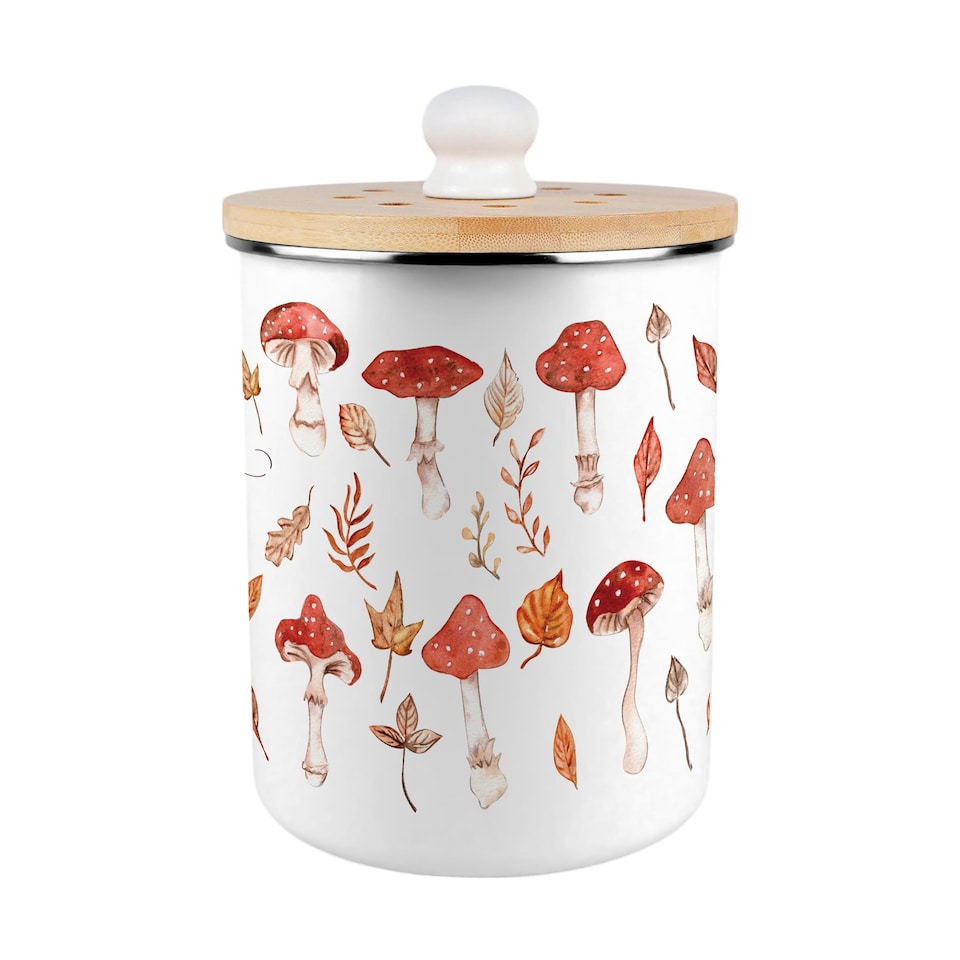 image 1 of Watercolour Mushrooms Compost Caddy - Metal 2L Decorative Kitchen Food Waste Bin