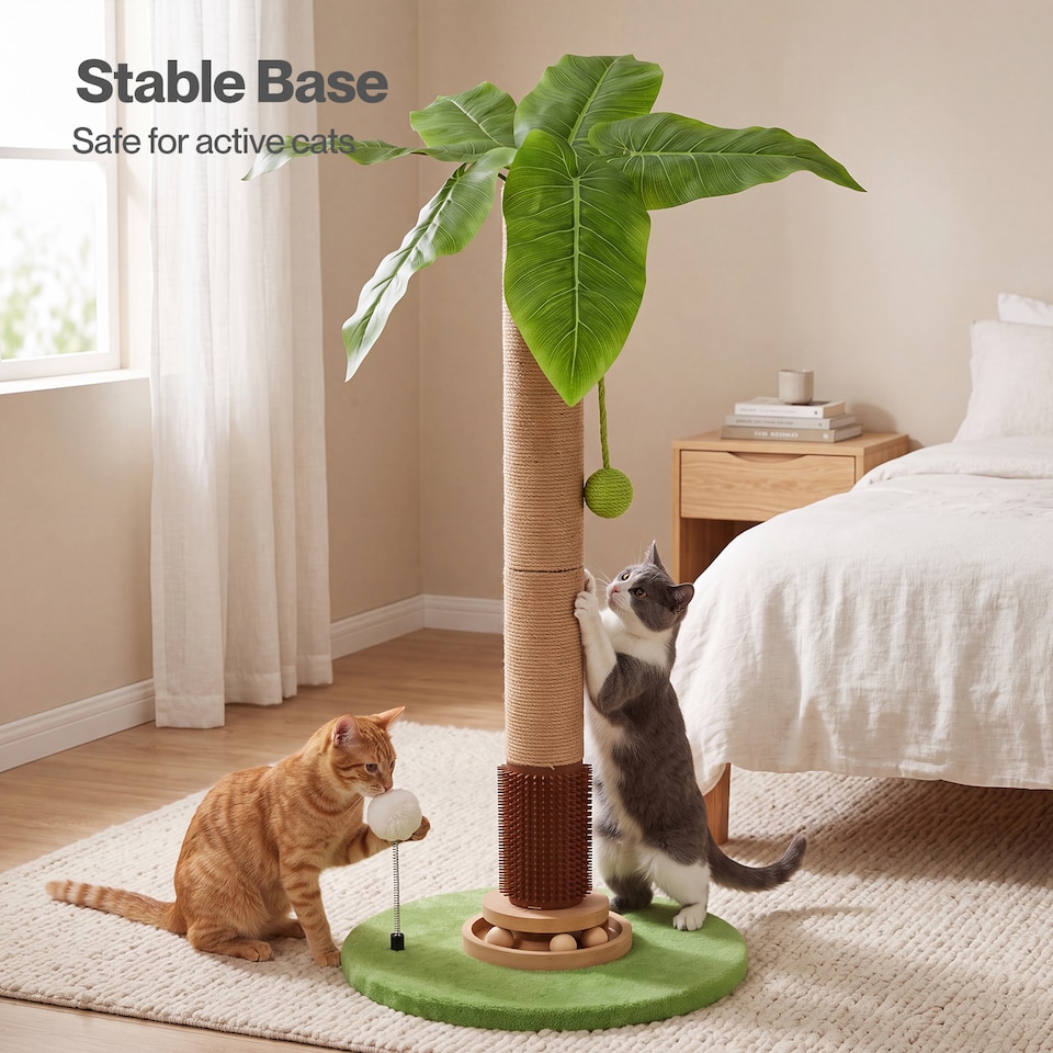 image 1 of Skylos Cat Scratching Post Palm Tree Cat Scratcher With Brush Toy Indoor Green