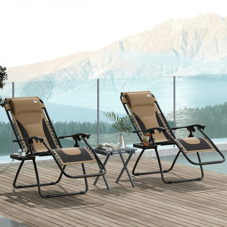 image 1 of Outsunny 2 Pcs Zero Gravity Lounger Folding Recliner Chair Cup Holder Brown