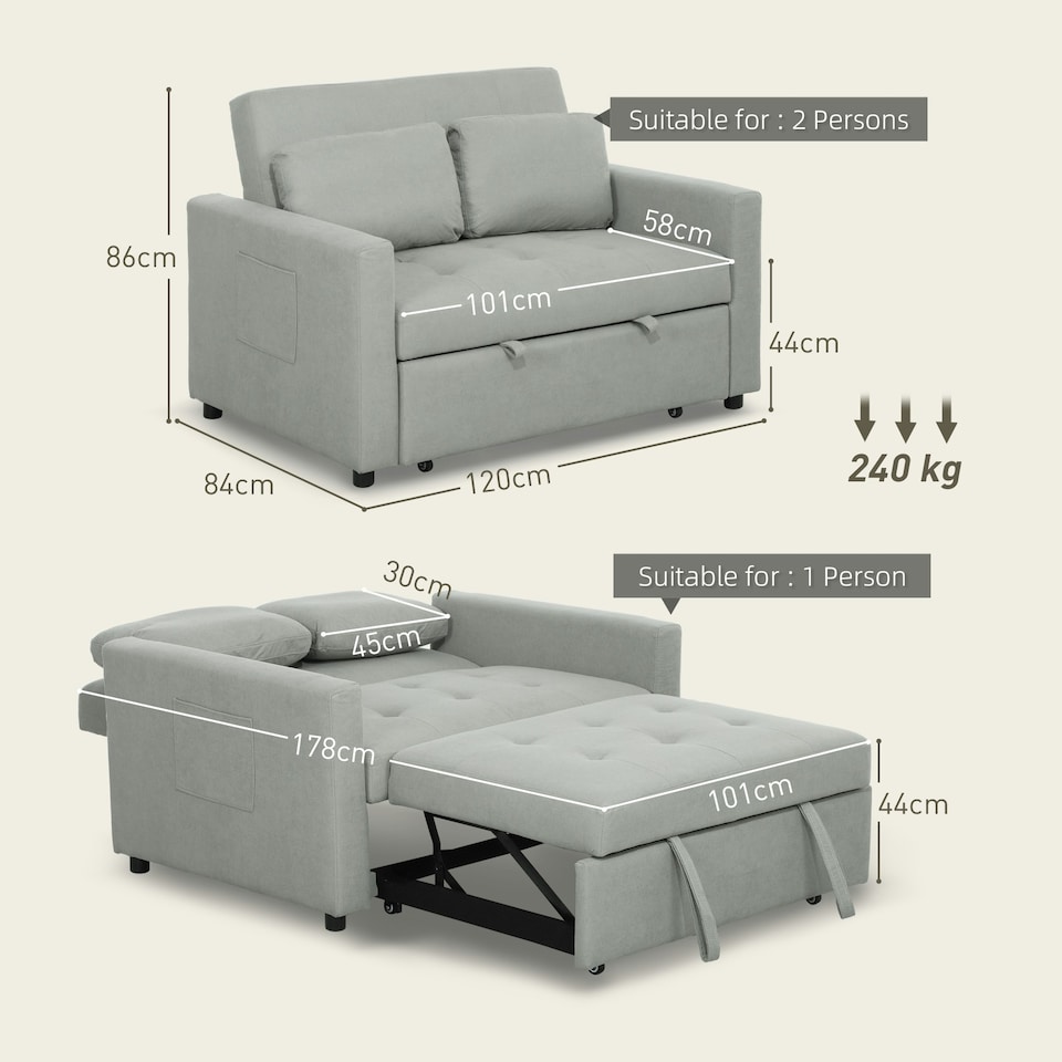 image 1 of HOMCOM 2 Seater Sofa Bed Convertible Bed Settee with Pillow, Light Grey