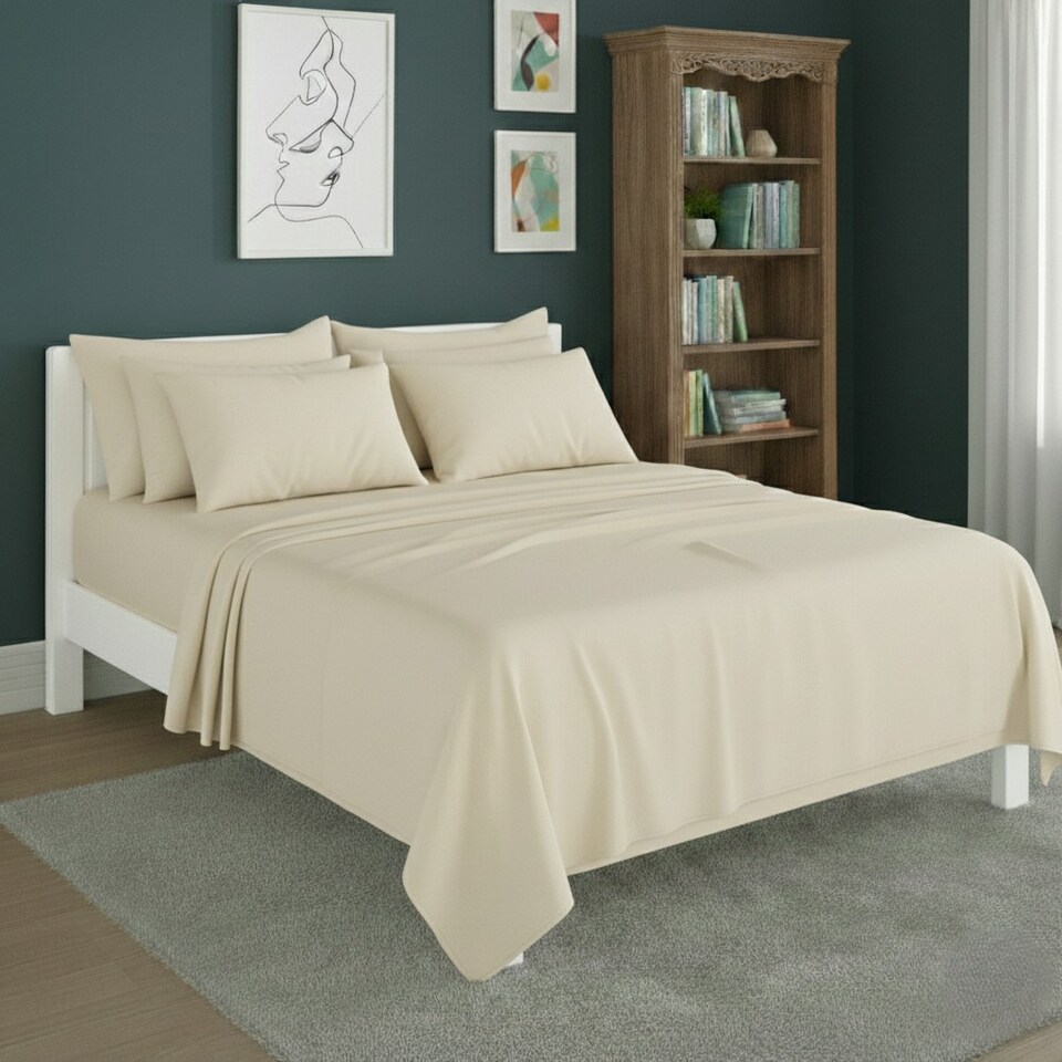 image 1 of Plain Poly Cotton Easy Care Fitted Flat Sheet Matching Pillowcases Set | Cream | King