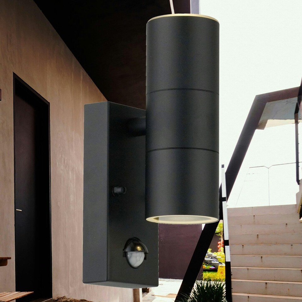 image 1 of First Choice Lighting Set of 2 Blaze Black Outdoor Up Down Motion Sensor Wall Lights Black | Clear
