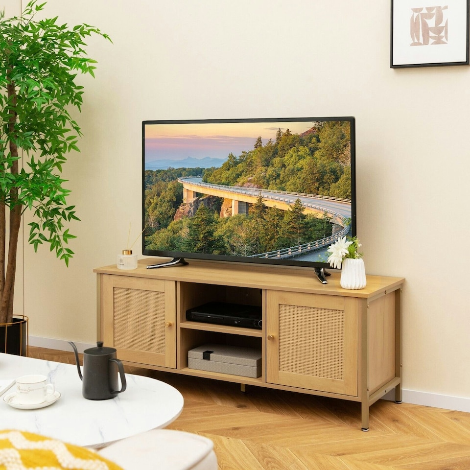 image 1 of COSTWAY Boho TV Stand for 55 Inches Entertainment Center Natural Gold