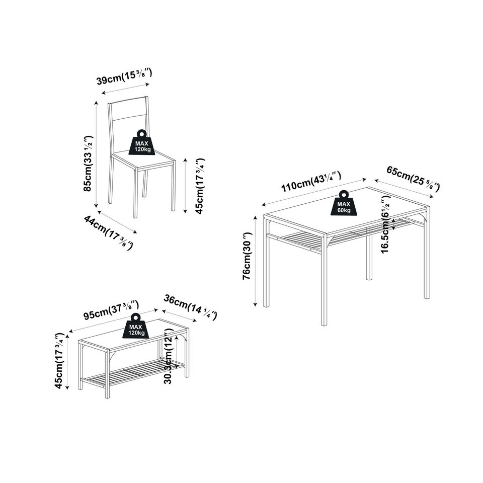 image 1 of 4 Pcs Set Dining Room Table Metal Frame with 2 Matching Chairs and Bench Kitchen | Multi | White Marble