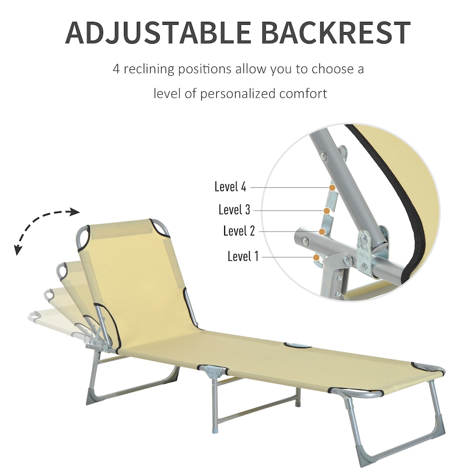 image 1 of Outsunny Camping Cot Picnic Sun Lounger Portable Folding Chaise Chair Patio | White | Beige