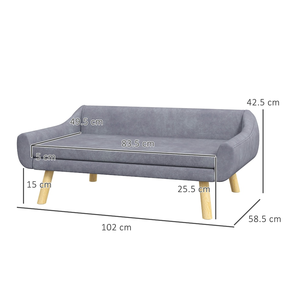 image 1 of PawHut Dog Sofa Bed Raised Couch with Wooden Frame and Soft Cushion, Grey