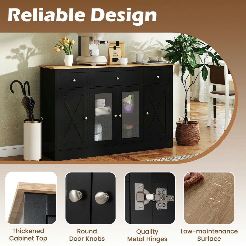 image 1 of COSTWAY Buffet Sideboard Kitchen Storage Cabinet 3 Drawers Black | Black