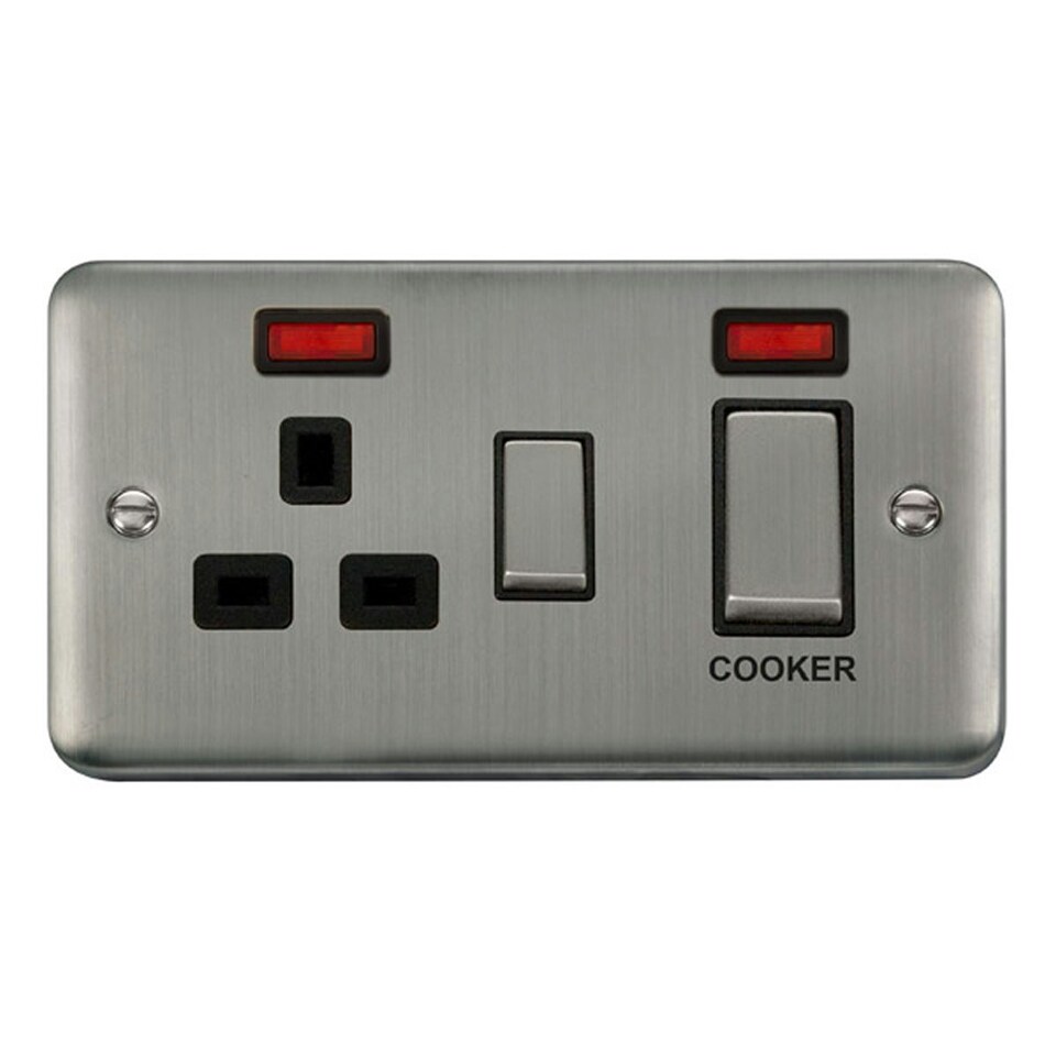 SE HOME Curved Stainless Steel Cooker Control Ingot 45A With 13A Switched Plug Socket & 2 Neons Black | Stainless Steel