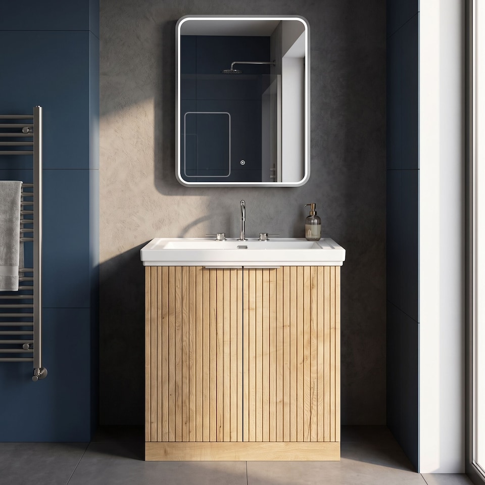 image 1 of Balterley Callingwood Contemporary Floor Standing 2 Door Vanity Unit with Traditional 3 Tap Hole Fireclay Basin , 800mm, Autumn Oak