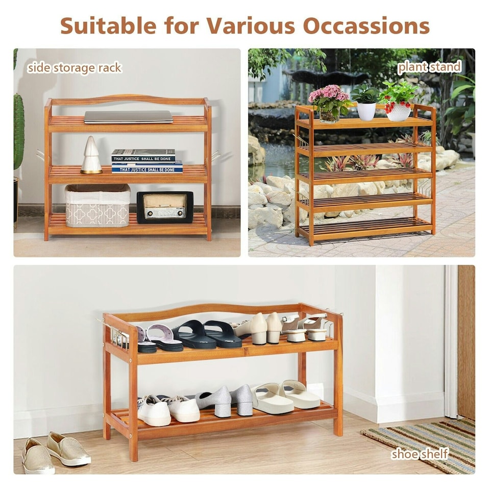 image 1 of COSTWAY 3-Tier Wood Shoe Rack Solid Shoe Storage Shelf Brown