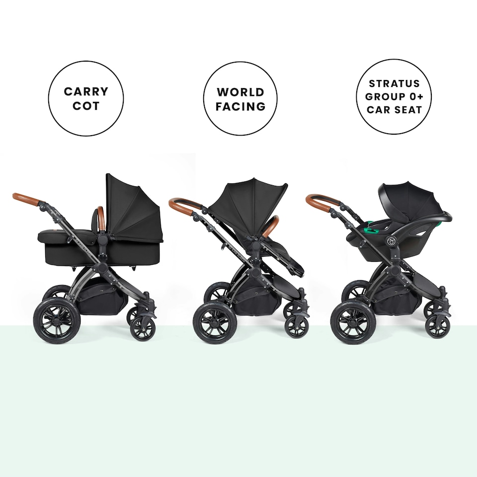 image 1 of Stomp Luxe 12pc Travel System with Stratus i-Size Car Seat & ISOFIX Base, Carrycot, Reversible Seat, Rain Cover & More (Black/Midnight/Tan)