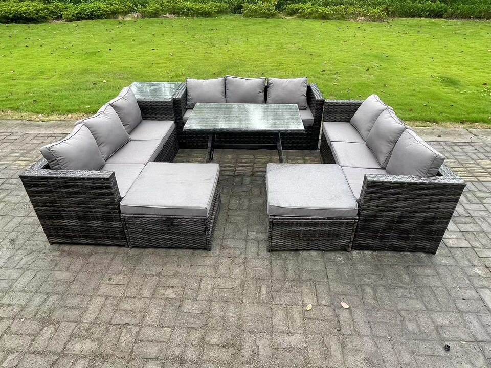 image 1 of Fimous 11 Seater Rattan Outdoor Furniture Lounge Sofa Garden Dining Set with Dining Table Side Table 2 Big Footstools Dark Grey Mixed