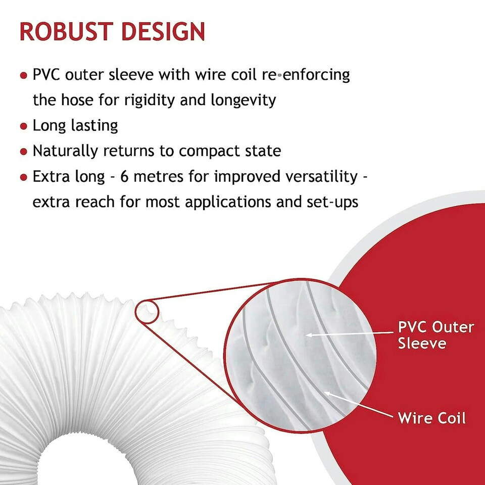 image 1 of SPARES2GO Hose Pipe PVC Duct Extension Kit compatible with Black + Decker Air Conditioner (6m, 5") | White