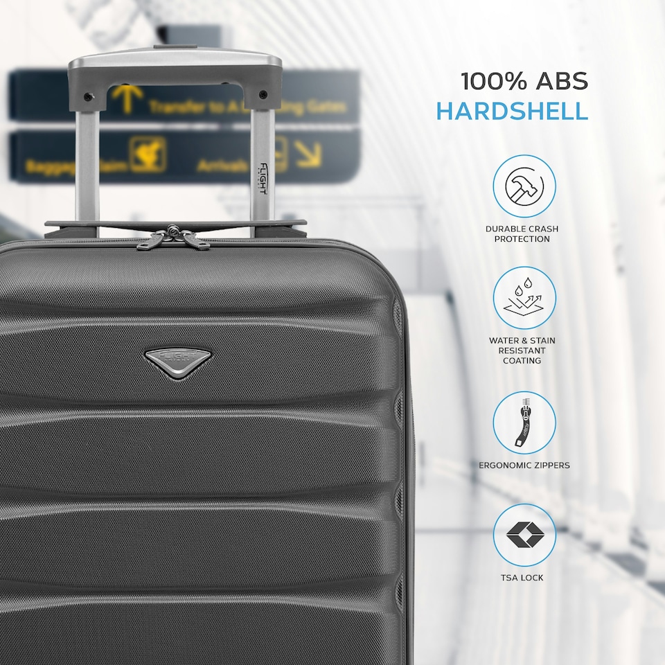 image 1 of Flight Knight Cabin Suitcase 55x35x20cm, Lightweight Carry On Bag - Over 100 Airlines- Ryanair, EasyJet, British Airways - Hand Luggage, ABS Hard Shell TSA Lock | Grey | Charcoal | Cabin Bag