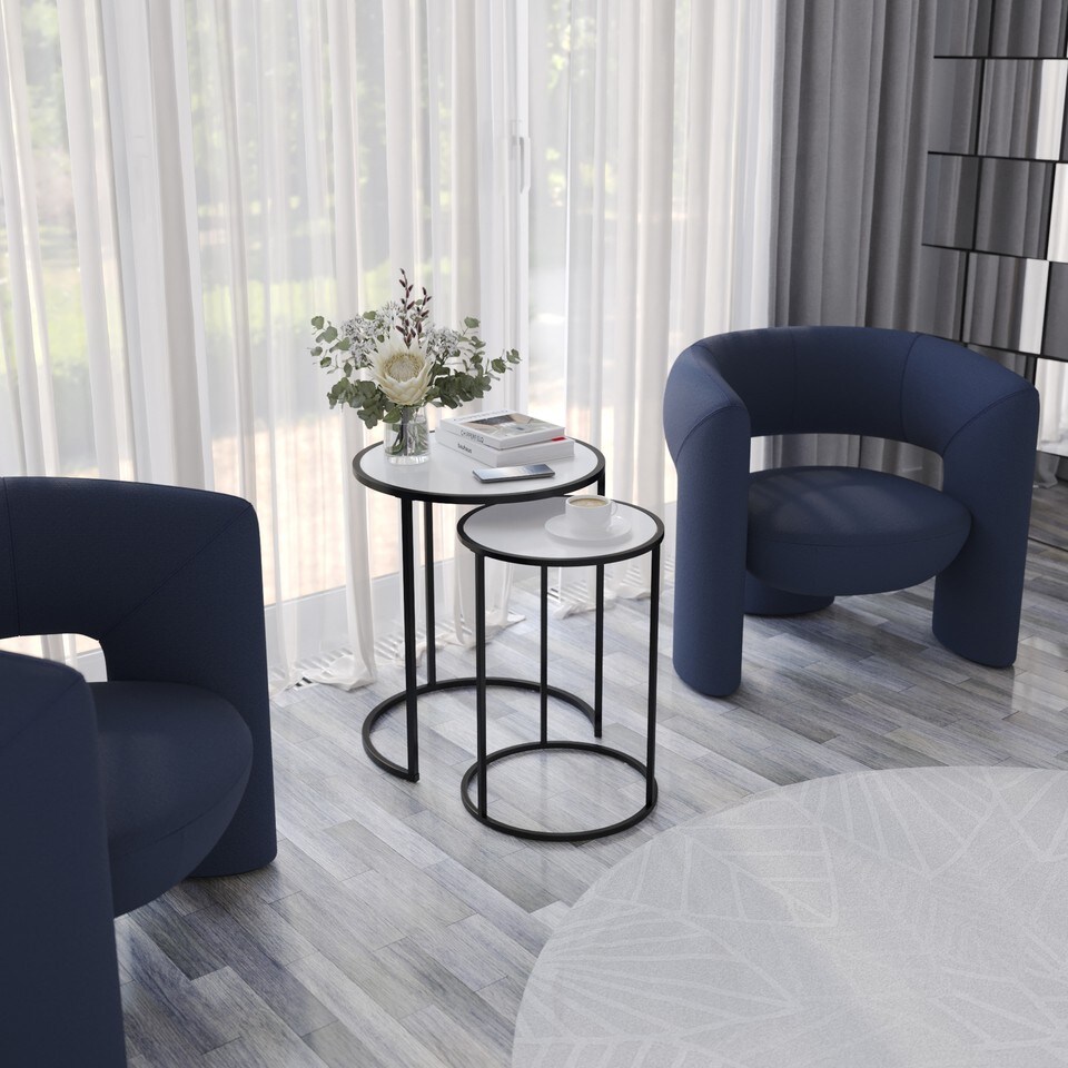 image 1 of 2 Piece Round Nesting Side Tables Set Tempered Glass Top Metal Leg Coffee Tables | Multi | Black Legs White Glass