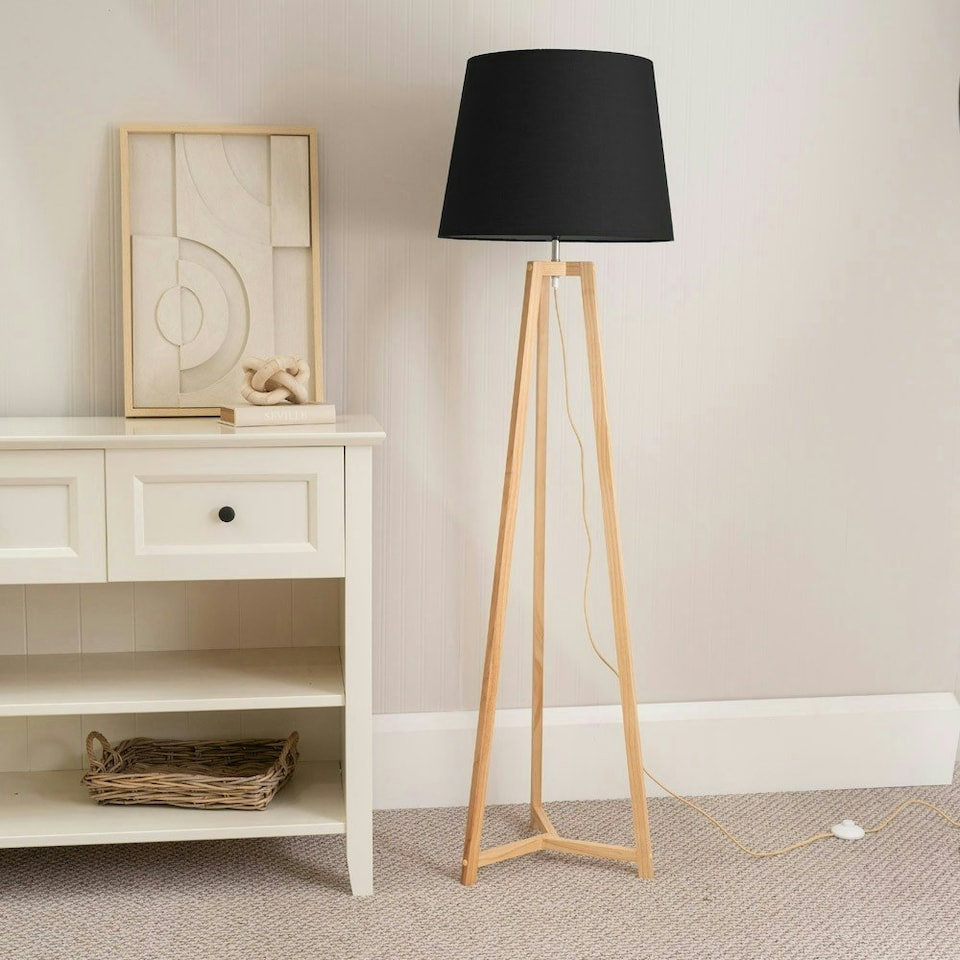 image 1 of ValueLights Lottie Natural Wood Tripod Floor Lamp with Black Fabric Tapered Shade